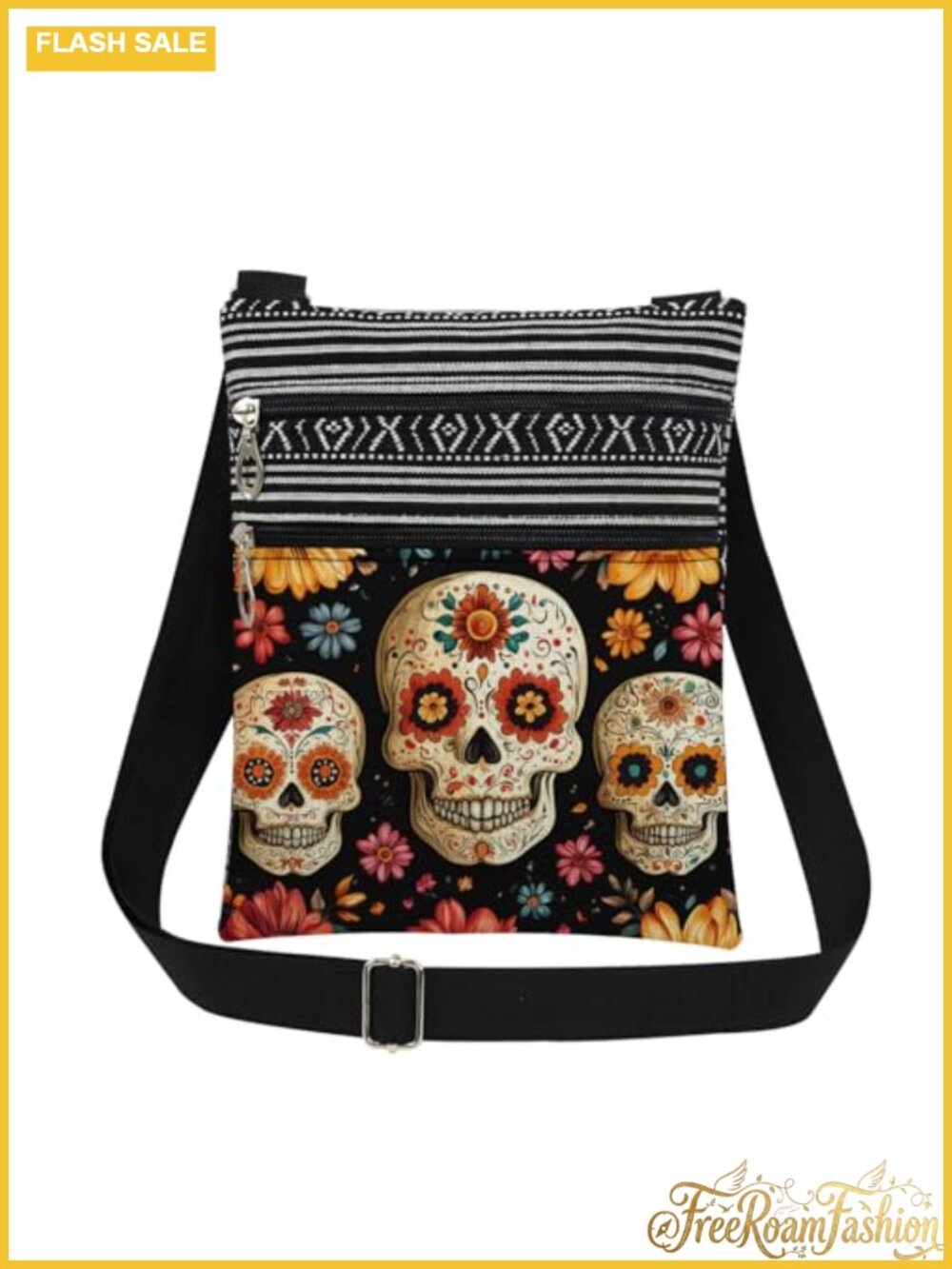 Sugar Skull Crossbody Bag Polyester Adjustable Strap Day of the Dead